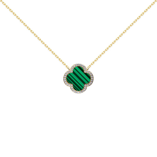 Gold-plated Silver  Clover Malachite CZ Charm Necklace 16-18" - ANC105-GP