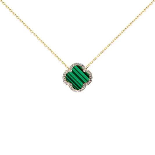 Gold-plated Silver  Clover Malachite CZ Charm Necklace 16-18" - ANC105-GP