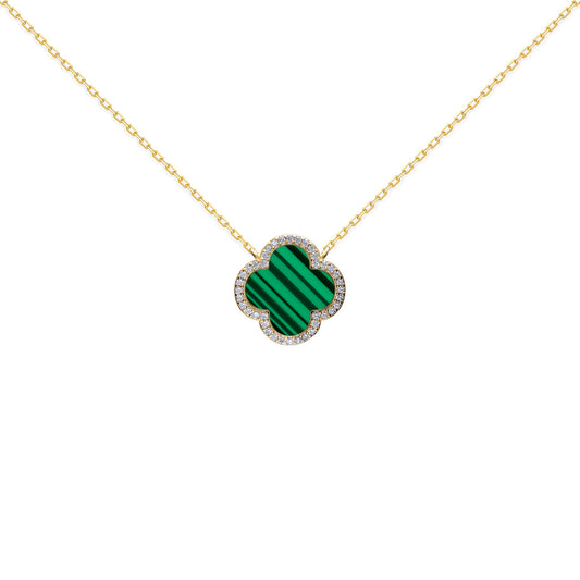 Gold-plated Silver  Clover Malachite CZ Charm Necklace 16-18" - ANC105-GP