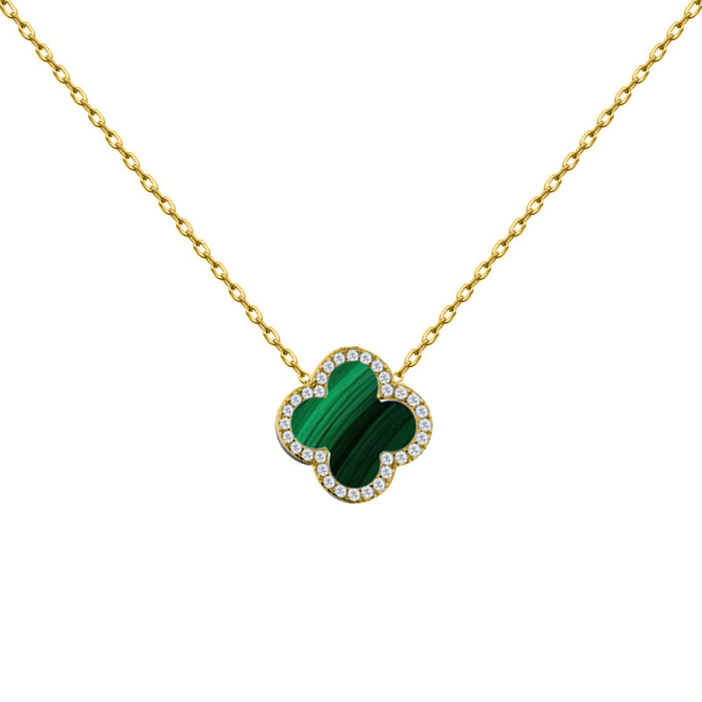 Gold-plated Silver  Clover Malachite CZ Charm Necklace 16-18" - ANC105-GP