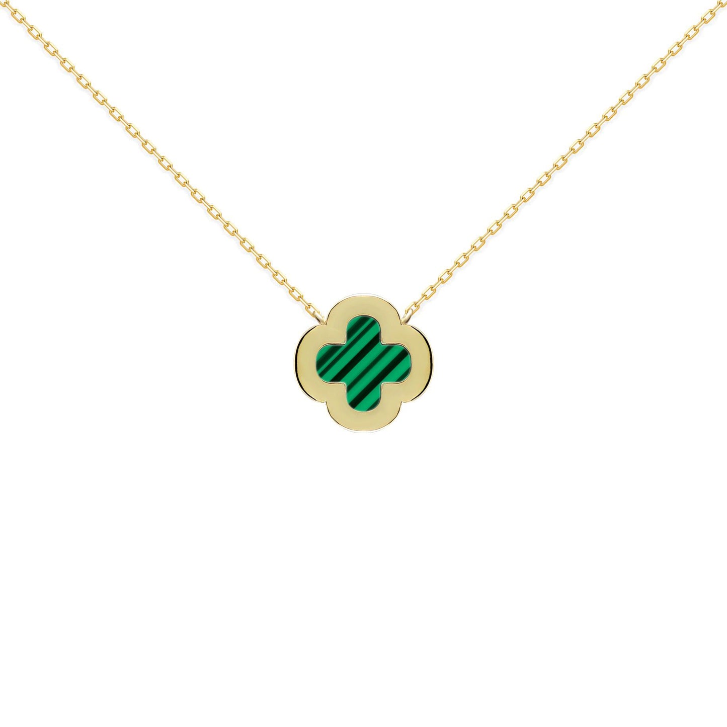 Gold-plated Silver  Clover Malachite CZ Charm Necklace 16-18" - ANC105-GP