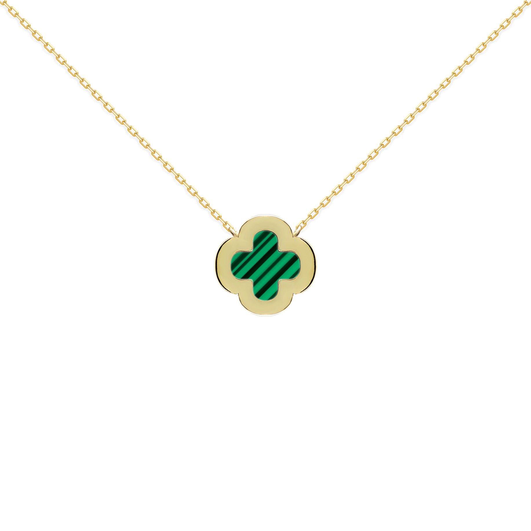 Gold-plated Silver  Clover Malachite CZ Charm Necklace 16-18" - ANC105-GP
