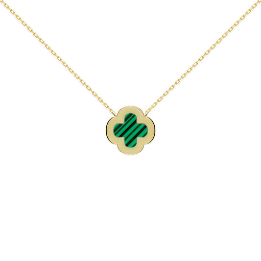 Gold-plated Silver  Clover Malachite CZ Charm Necklace 16-18" - ANC105-GP