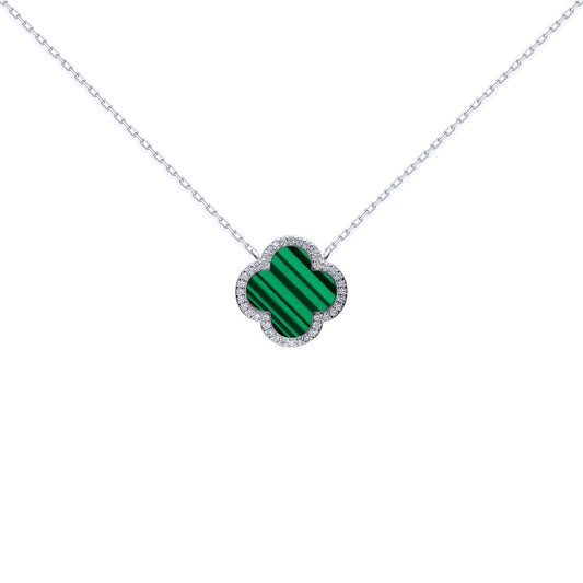 Silver Clover Malachite CZ Lucky Charm Pendant Necklace 16-18" - ANC105