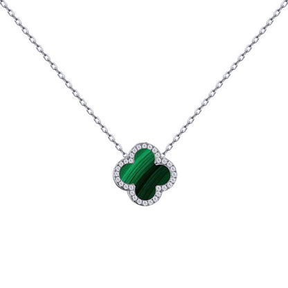 Silver  Clover Malachite CZ Lucky Charm Pendant Necklace 16-18" - ANC105