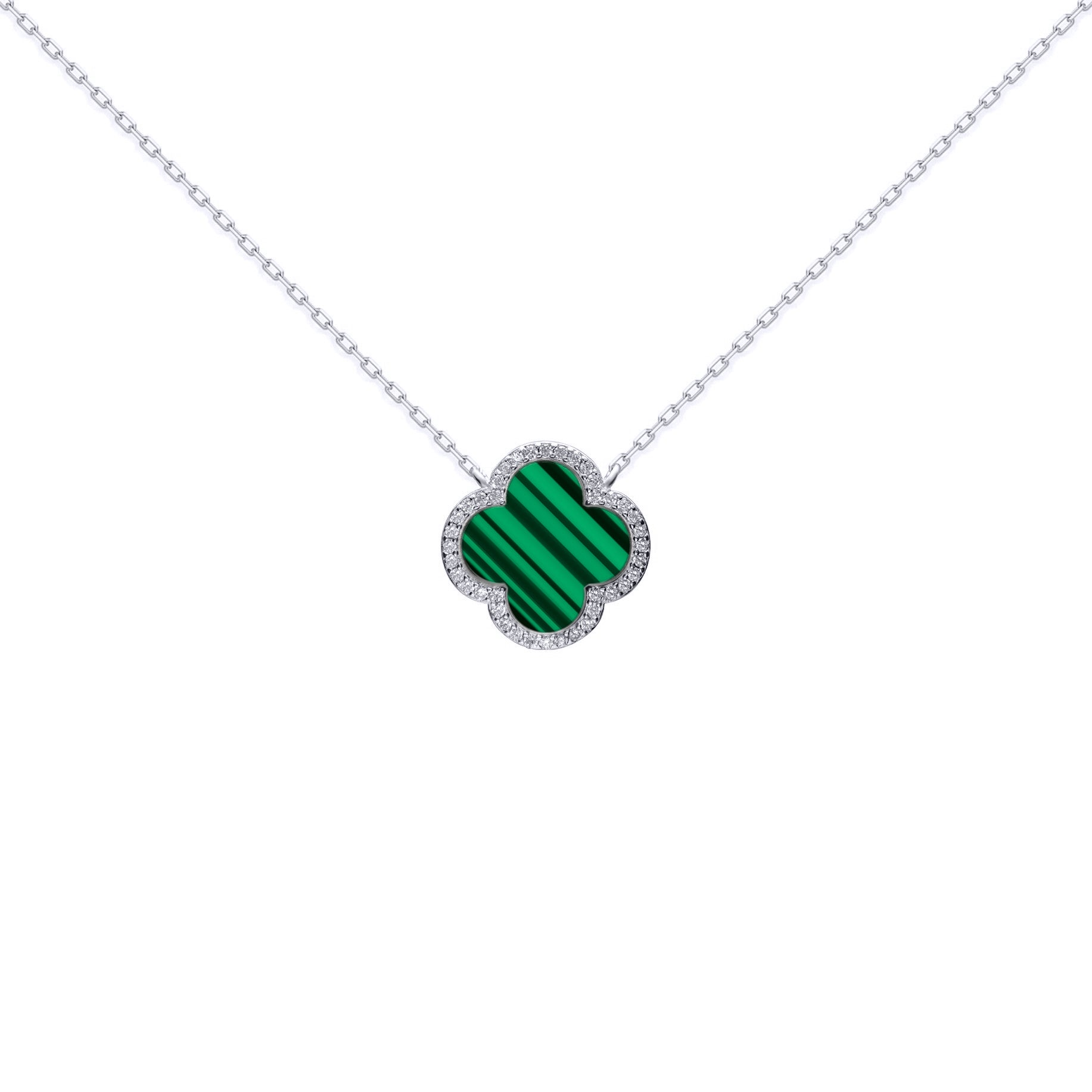 Silver  Clover Malachite CZ Lucky Charm Pendant Necklace 16-18" - ANC105