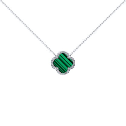 Silver  Clover Malachite CZ Lucky Charm Pendant Necklace 16-18" - ANC105