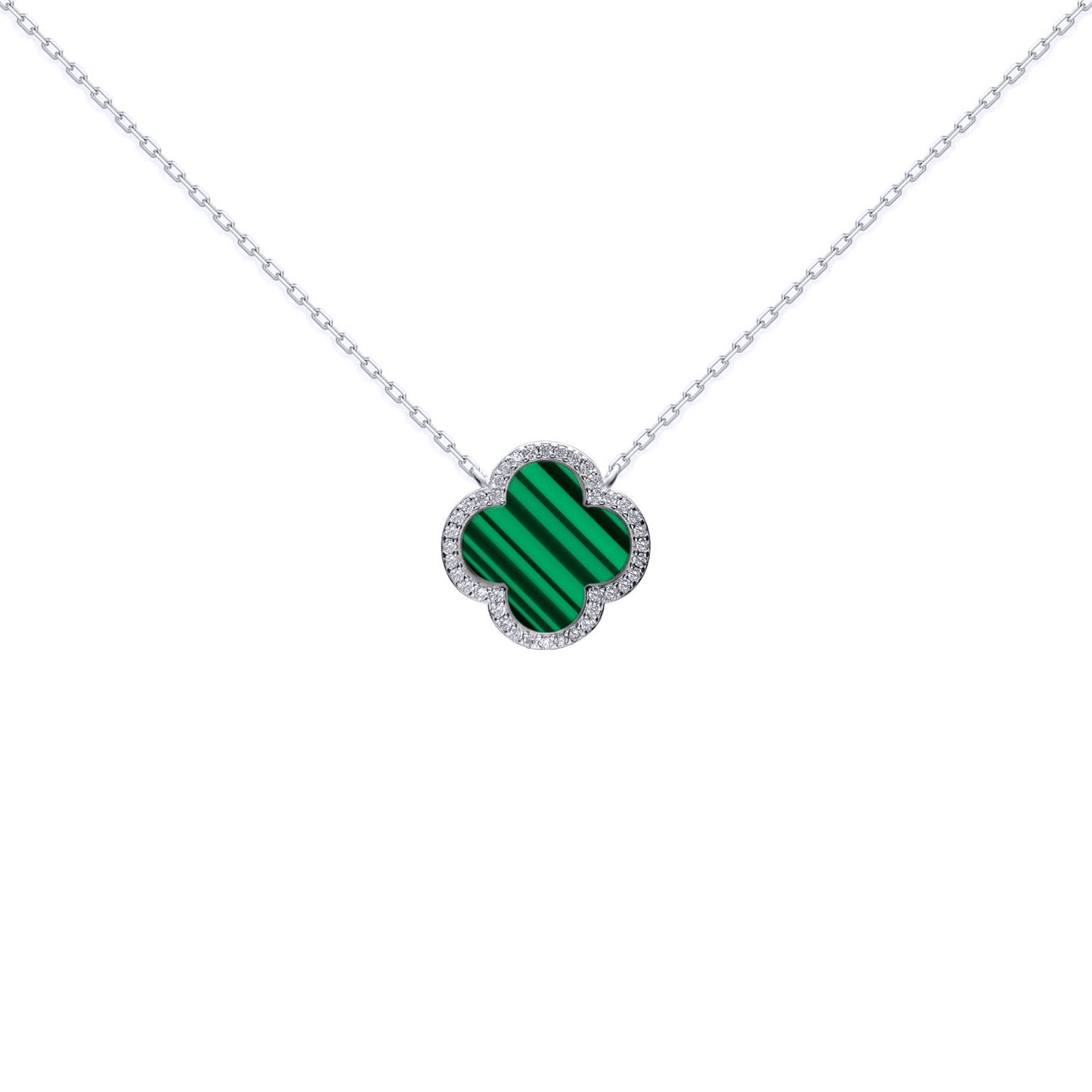 Silver  Clover Malachite CZ Lucky Charm Pendant Necklace 16-18" - ANC105