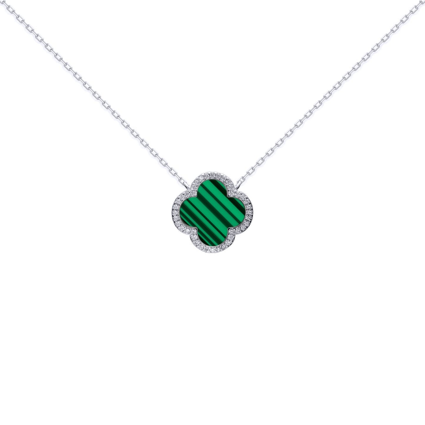Silver  Clover Malachite CZ Lucky Charm Pendant Necklace 16-18" - ANC105