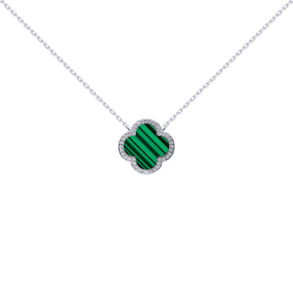 Silver  Clover Malachite CZ Lucky Charm Pendant Necklace 16-18" - ANC105