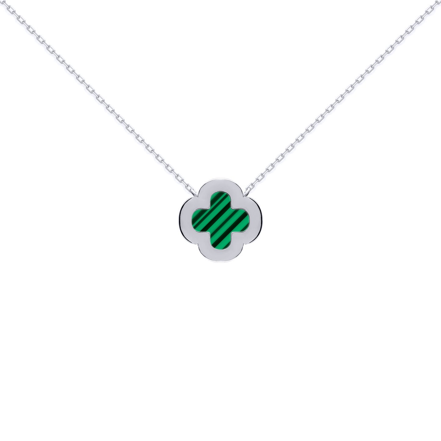 Silver  Clover Malachite CZ Lucky Charm Pendant Necklace 16-18" - ANC105