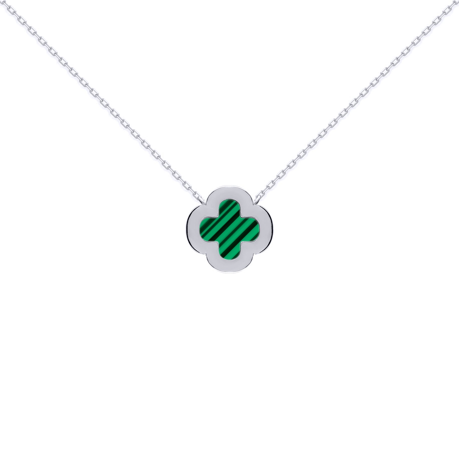 Silver  Clover Malachite CZ Lucky Charm Pendant Necklace 16-18" - ANC105