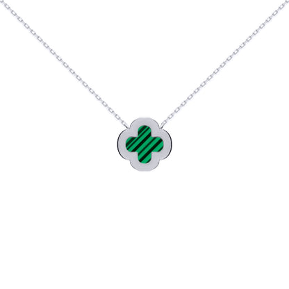 Silver  Clover Malachite CZ Lucky Charm Pendant Necklace 16-18" - ANC105