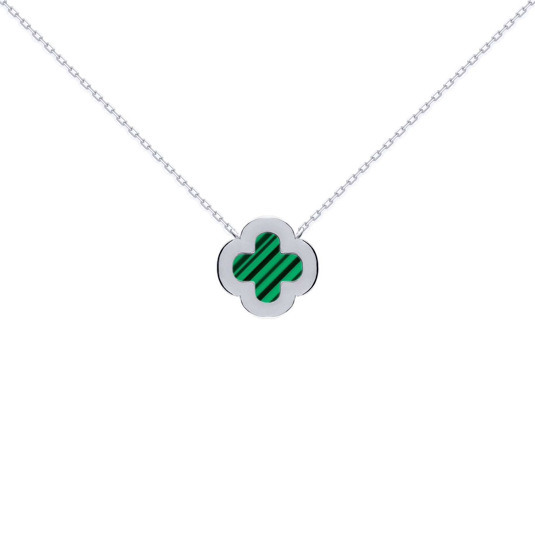 Silver  Clover Malachite CZ Lucky Charm Pendant Necklace 16-18" - ANC105