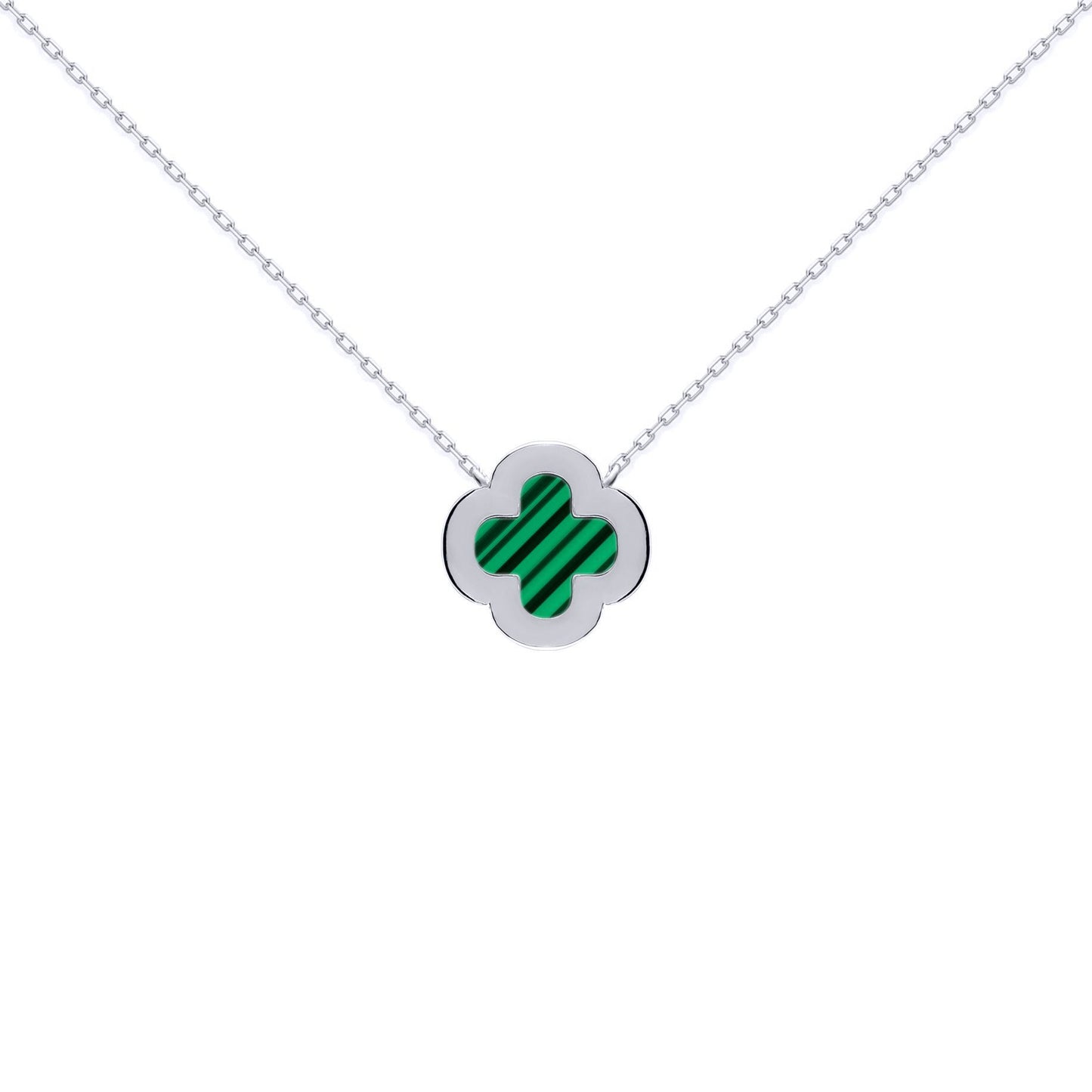 Silver  Clover Malachite CZ Lucky Charm Pendant Necklace 16-18" - ANC105