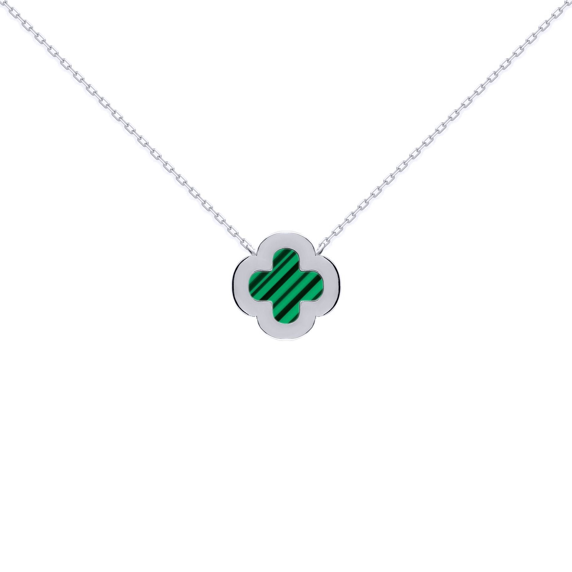 Silver  Clover Malachite CZ Lucky Charm Pendant Necklace 16-18" - ANC105