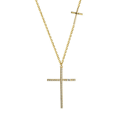 Gold-plated Silver  CZ Horizontal Double Cross Necklace 16.5-18" - ANC112-GP
