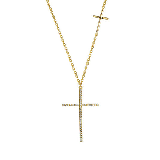Gold-plated Silver  CZ Horizontal Double Cross Necklace 16.5-18" - ANC112-GP