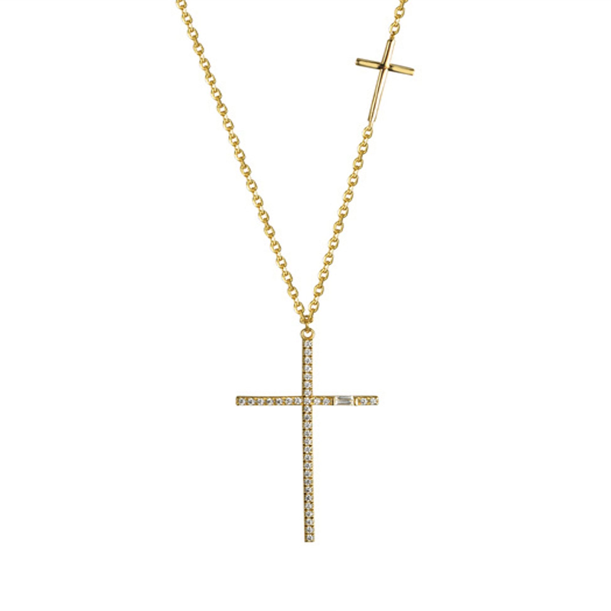Gold-plated Silver  CZ Horizontal Double Cross Necklace 16.5-18" - ANC112-GP