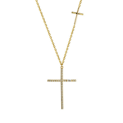 Gold-plated Silver  CZ Horizontal Double Cross Necklace 16.5-18" - ANC112-GP