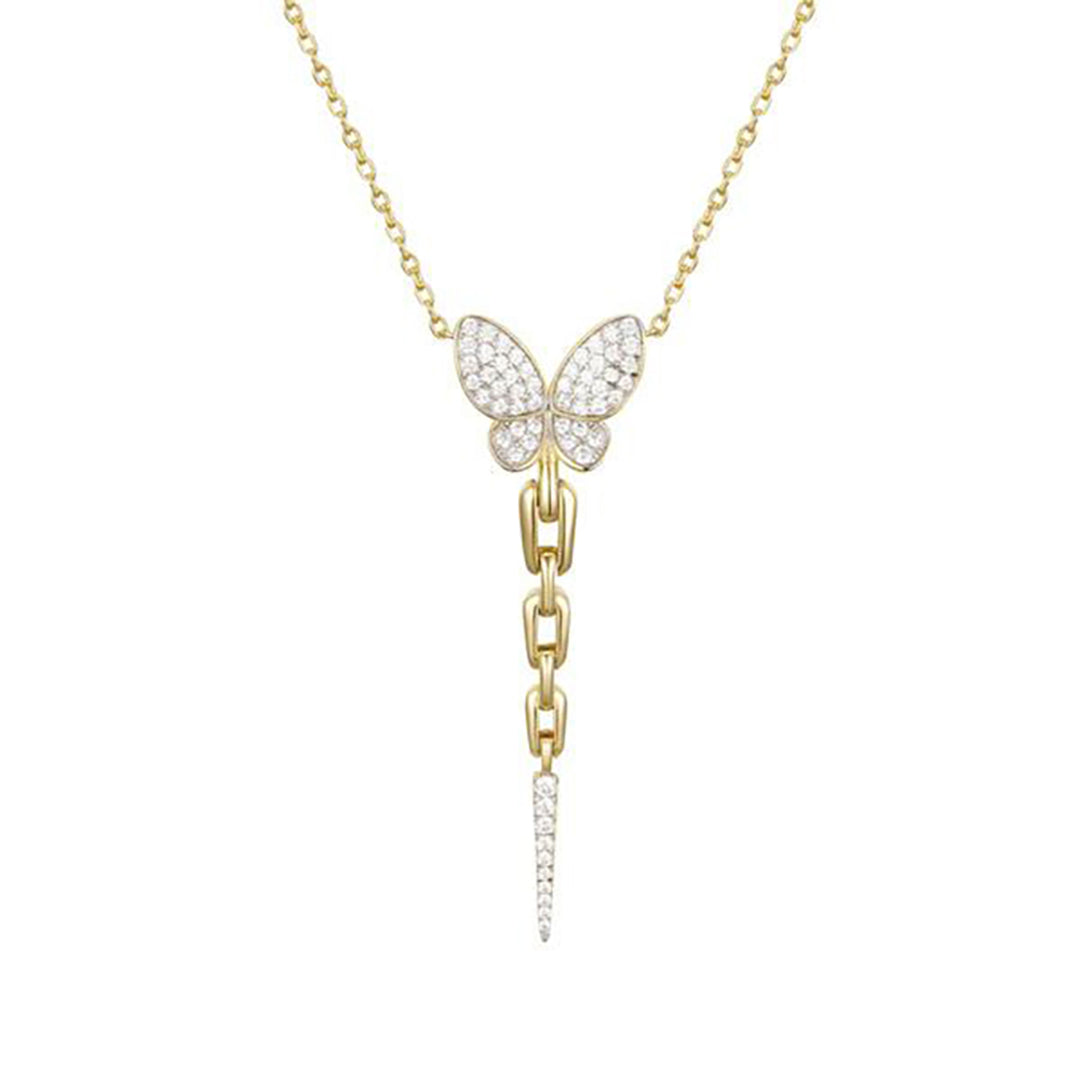 Gold-plated Silver  CZ Pave Butterfly Trail Necklace 16.5-18.5" - ANC113-GP