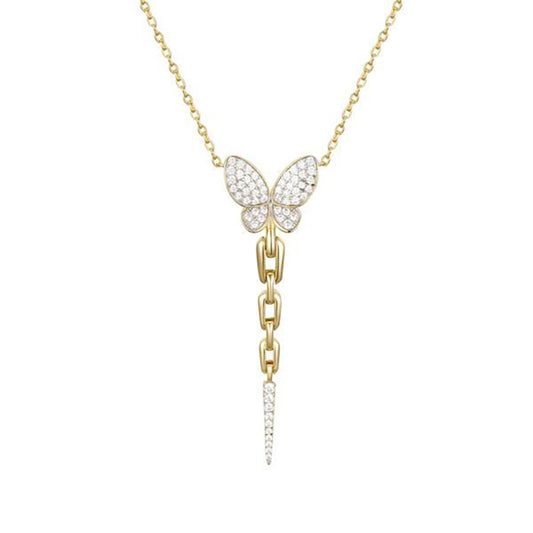 Gold-plated Silver  CZ Pave Butterfly Trail Necklace 16.5-18.5" - ANC113-GP