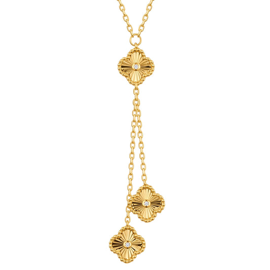 Gold-plated Silver  CZ Fluted Clover Negligee Necklace 16.5-18.5" - ANC116-GP
