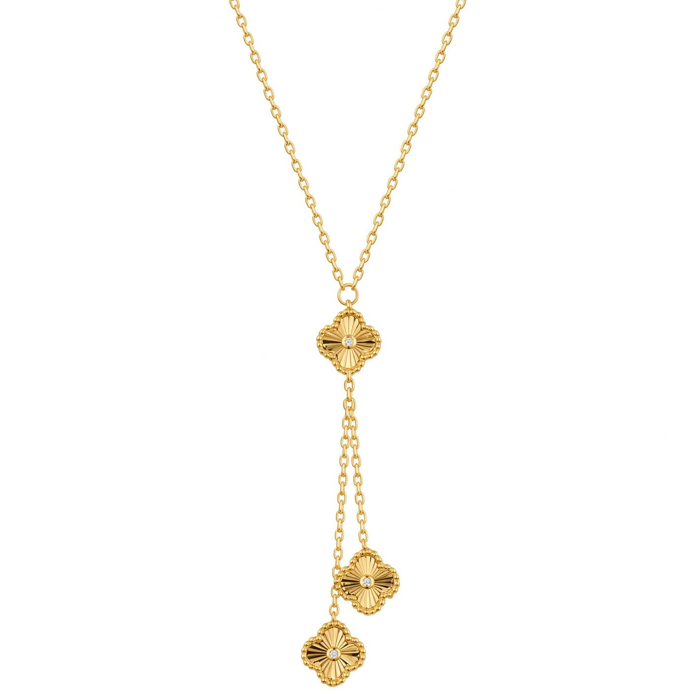Gold-plated Silver  CZ Fluted Clover Negligee Necklace 16.5-18.5" - ANC116-GP