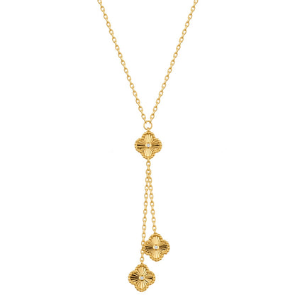 Gold-plated Silver  CZ Fluted Clover Negligee Necklace 16.5-18.5" - ANC116-GP
