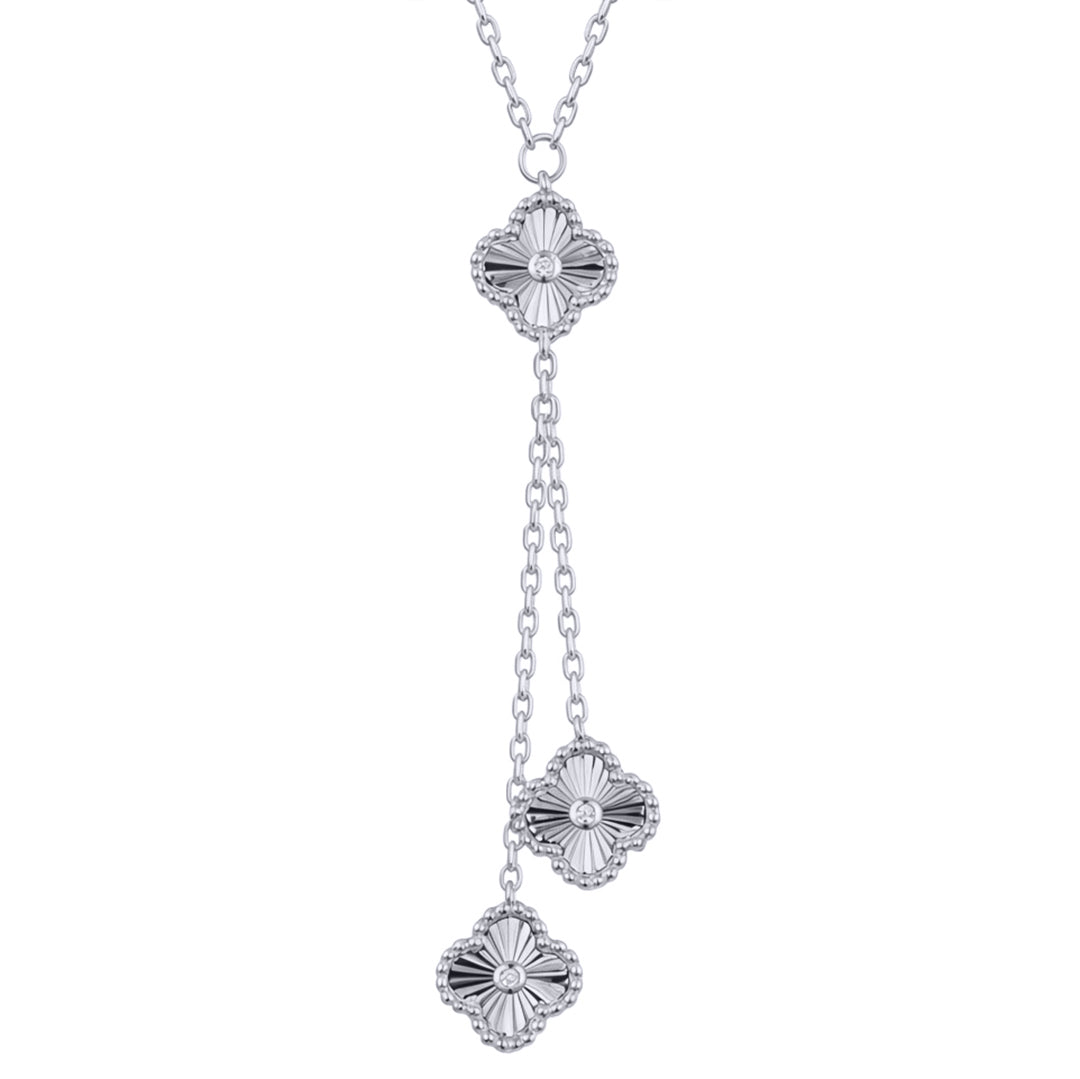 Silver  CZ Fluted Clover Dangling Negligee Necklace 16.5-18.5" - ANC116