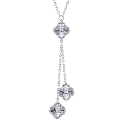 Silver  CZ Fluted Clover Dangling Negligee Necklace 16.5-18.5" - ANC116