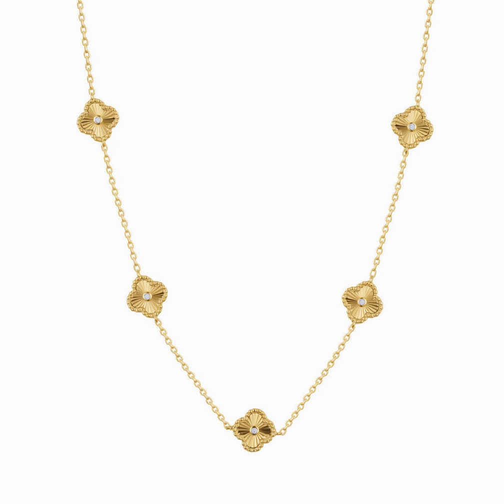 Gold-plated Silver  CZ Fluted Charm 5 Station Necklace 16.5-18.5" - ANC117-GP