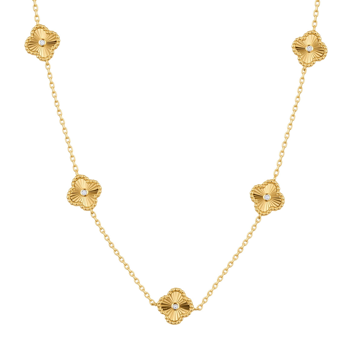 Gold-plated Silver  CZ Fluted Clover 5 Station Necklace 16.5-18.5" - ANC117-GP