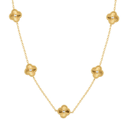Gold-plated Silver  CZ Fluted Clover 5 Station Necklace 16.5-18.5" - ANC117-GP