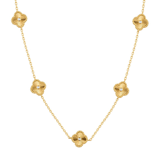Gold-plated Silver  CZ Fluted Charm 5 Station Necklace 16.5-18.5" - ANC117-GP