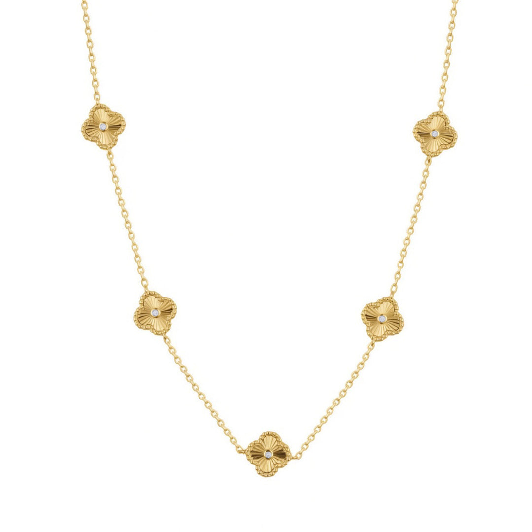 Gold-plated Silver  CZ Fluted Charm 5 Station Necklace 16.5-18.5" - ANC117-GP