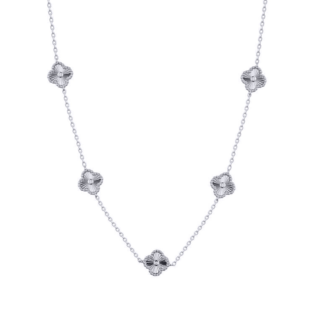 Silver  CZ Fluted Solitaire Charm 5 Station Necklace 16.5-18.5" - ANC117