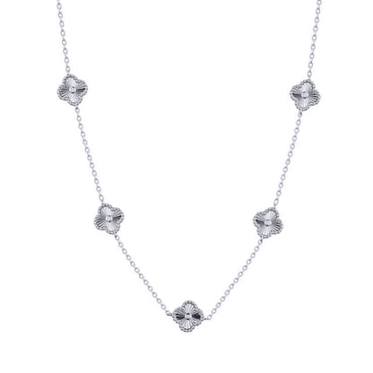 Silver  CZ Fluted Solitaire Charm 5 Station Necklace 16.5-18.5" - ANC117
