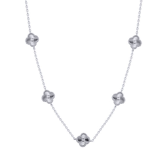 Silver  CZ Fluted Solitaire Charm 5 Station Necklace 16.5-18.5" - ANC117