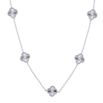 Silver  CZ Fluted Solitaire Clover 5 Station Necklace 16.5-18.5" - ANC117