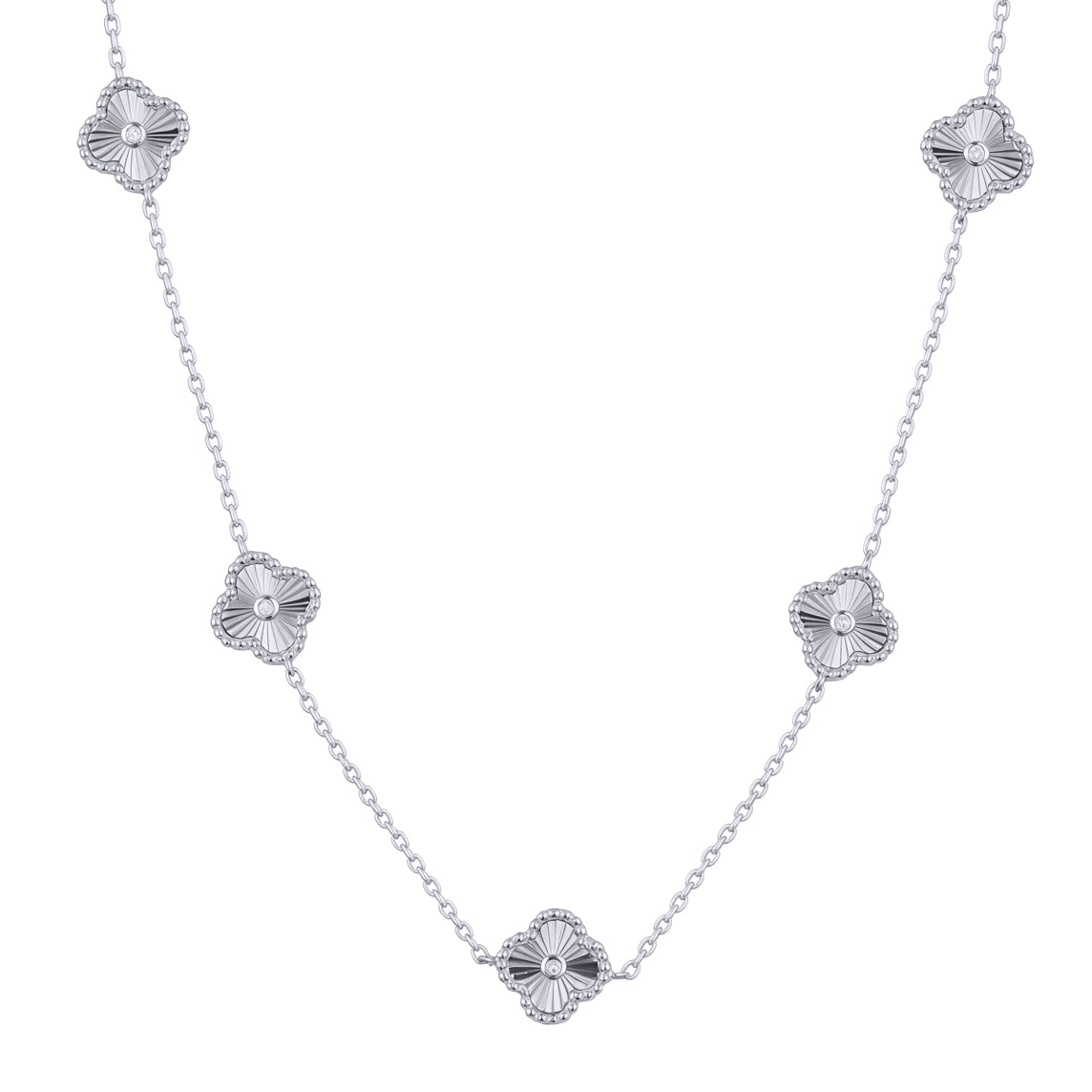 Silver  CZ Fluted Solitaire Clover 5 Station Necklace 16.5-18.5" - ANC117