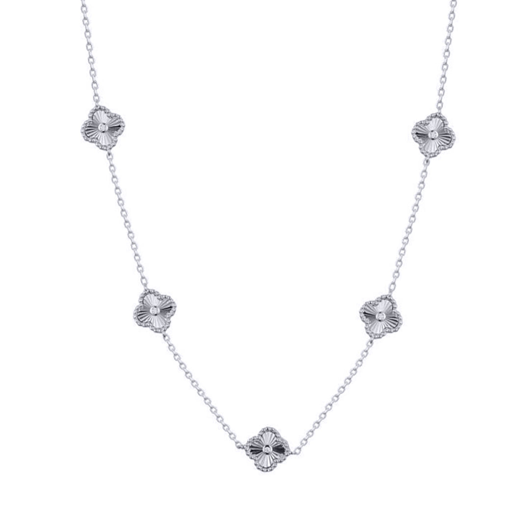 Silver  CZ Fluted Solitaire Charm 5 Station Necklace 16.5-18.5" - ANC117