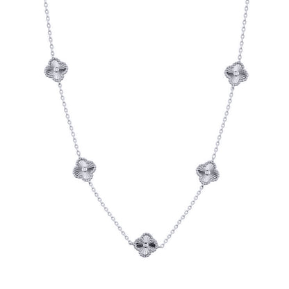 Silver  CZ Fluted Solitaire Charm 5 Station Necklace 16.5-18.5" - ANC117