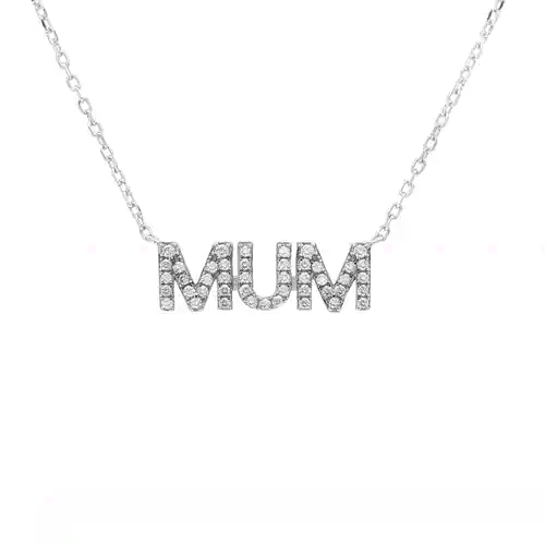 Rhodium-plated Silver  CZ MUM Nameplate Pave Lavalier Necklace - ANC118