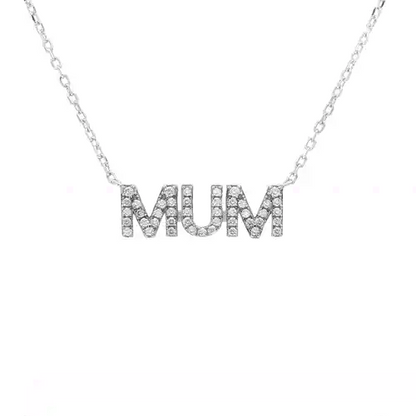 Rhodium-plated Silver  CZ MUM Nameplate Pave Lavalier Necklace - ANC118
