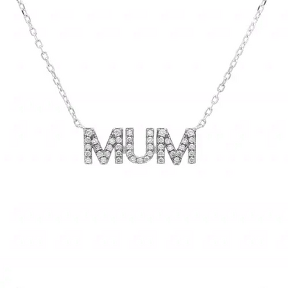 Rhodium-plated Silver  CZ MUM Nameplate Pave Lavalier Necklace - ANC118