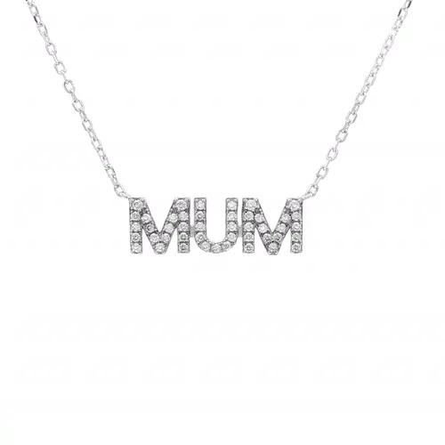 Rhodium-plated Silver  CZ MUM Nameplate Pave Lavalier Necklace - ANC118