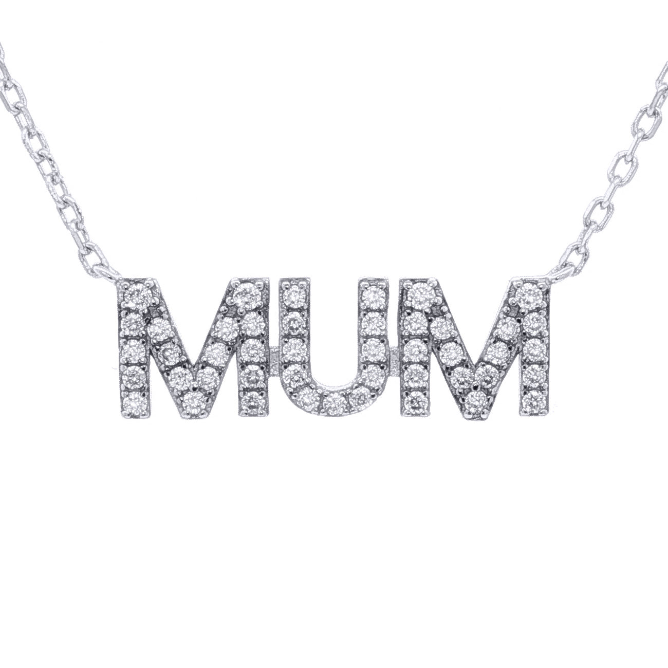 Rhodium-plated Silver  CZ MUM Nameplate Pave Lavalier Necklace - ANC118