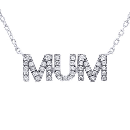 Rhodium-plated Silver  CZ MUM Nameplate Pave Lavalier Necklace - ANC118