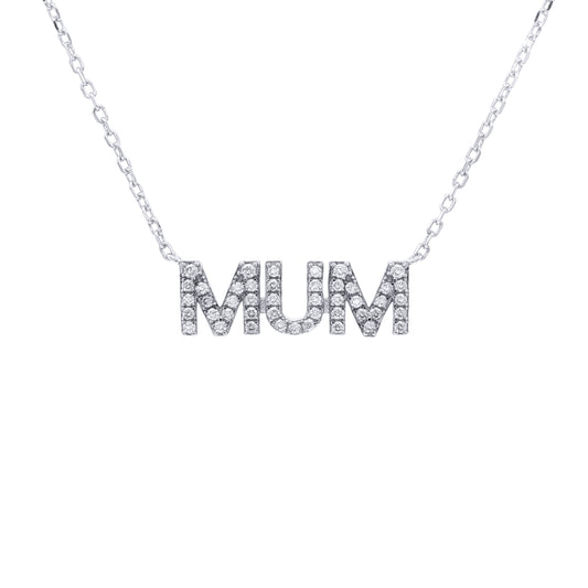 Rhodium-plated Silver  CZ MUM Nameplate Pave Lavalier Necklace - ANC118